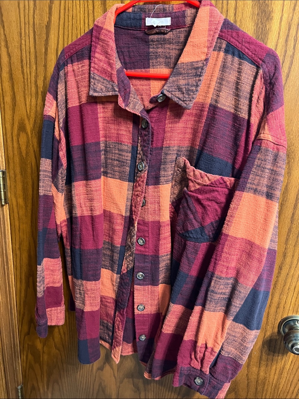 Maurices Red, Orange & Black Plaid Button-Down Shirt